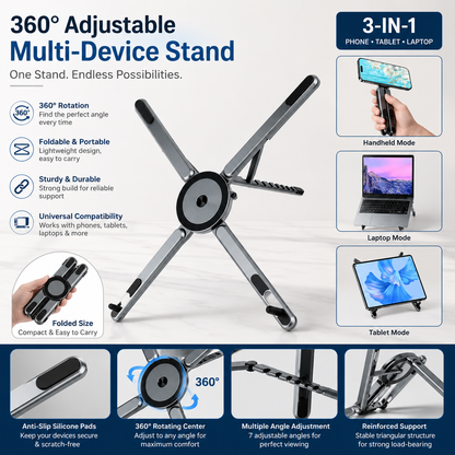 FoldMate™ 360° Adjustable Multi-Functional Phone & Laptop Stand – Foldable Metal Desk Holder