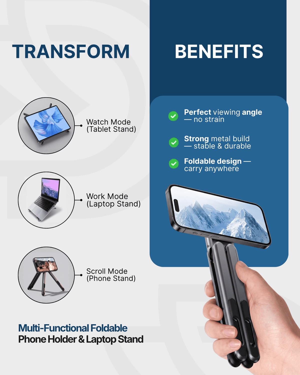 FoldMate™ 360° Adjustable Multi-Functional Phone & Laptop Stand – Foldable Metal Desk Holder
