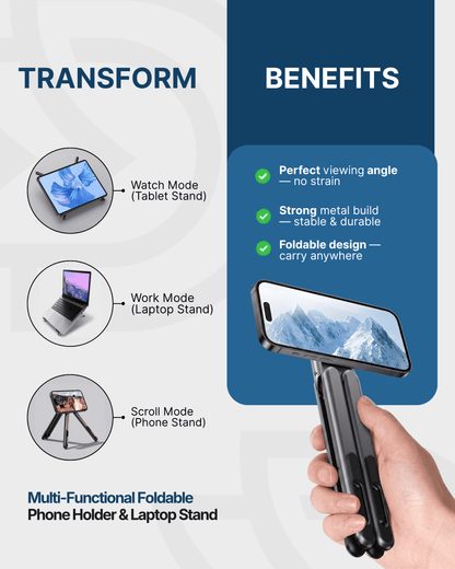 FoldMate™ 360° Adjustable Multi-Functional Phone & Laptop Stand – Foldable Metal Desk Holder