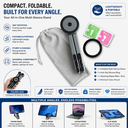 FoldMate™ 360° Adjustable Multi-Functional Phone & Laptop Stand – Foldable Metal Desk Holder